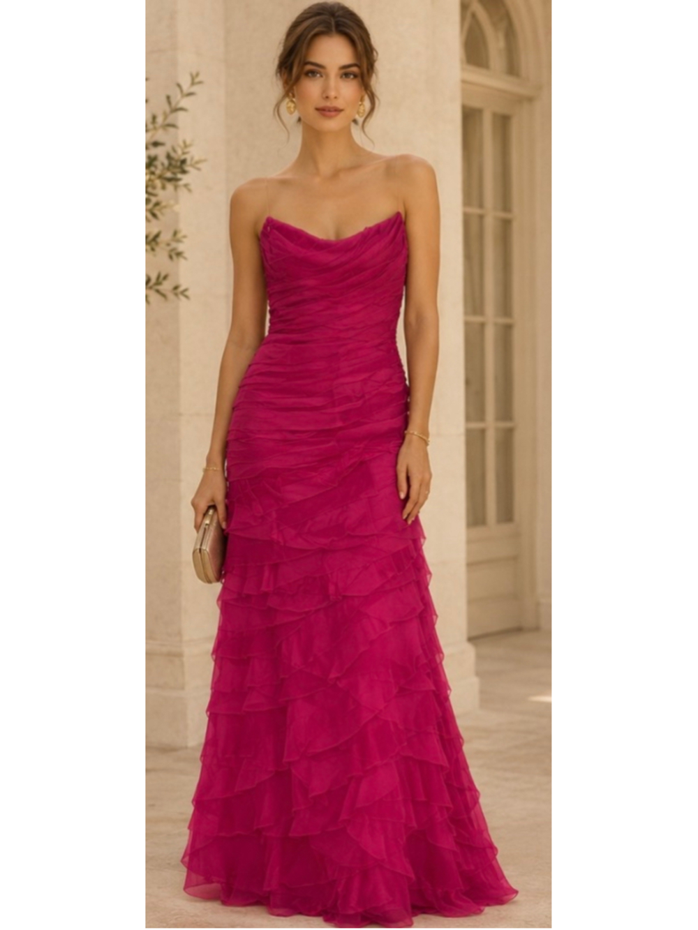 Theia Tiered Ruffled Silk Strapless Boned Dress, Fuschia Pink 8 New w Tags